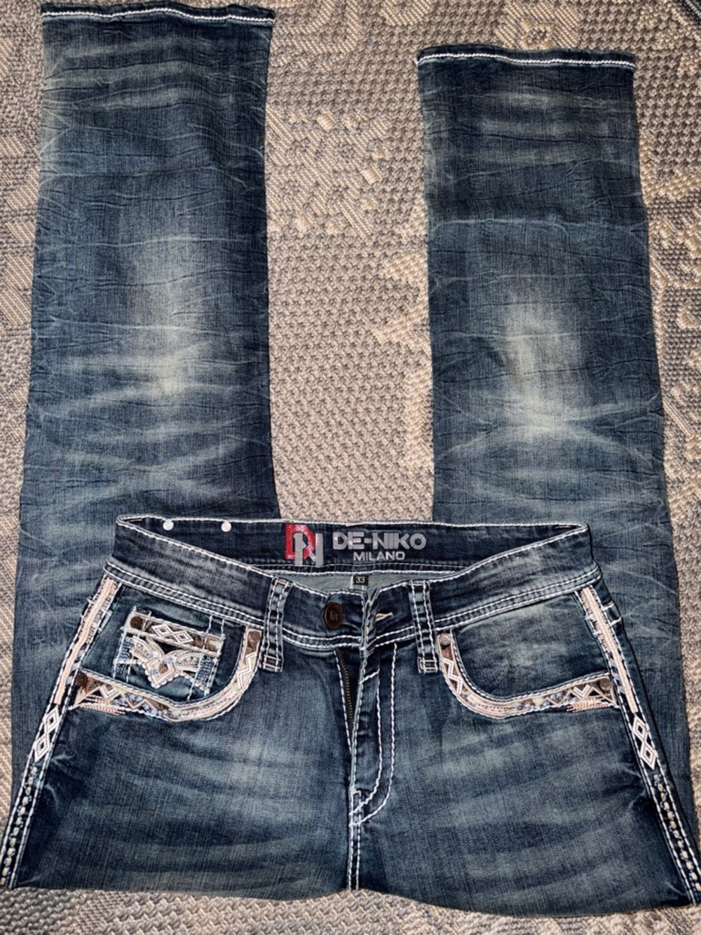 DE-NIKO Milano Distressed Embroidered Dark Wash Jeans